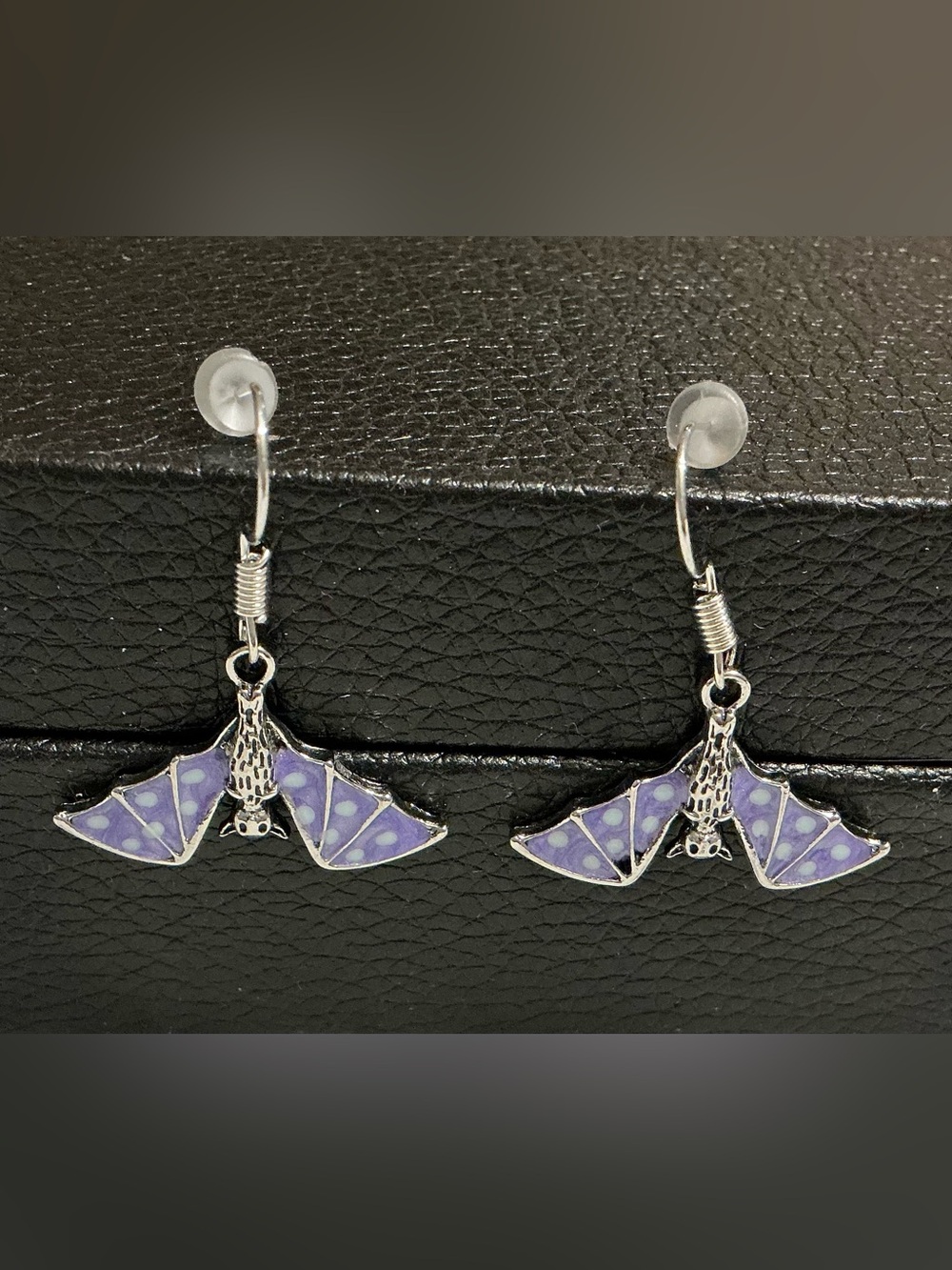 Silver Bat Drop Earrings with Purple Enamel Wings